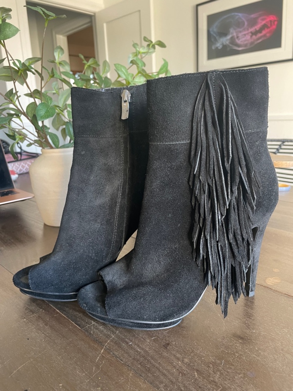 BCBGeneration Black Suede Fringe Peep-Toe Ankle Boots